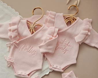 Personalised Baby Ruffle Romper, Luxury Neutral Set, Newborn Blush, Baby Announcement Bodysuit, Baby Coming Home Outfit, Knitted Hello World