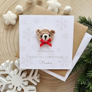 Tarjeta de Navidad personalizada para bebé, osito de peluche neutro, primera Navidad, recién nacido, saludos festivos para niños, nieto, sobrino, hijo, 106C