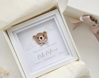 Personalised Crochet Bear Frame, Baby Nursery Decor, New Baby Gift, Birth Details Keepsake, Teddy Bear Nursery Wall Art, Luxury Baby Shower