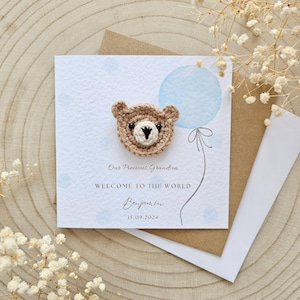 Gepersonaliseerde gehaakte nieuwe babykaart, handgemaakte gehaakte beer, luxe nieuwe babyjongen, nieuwe babymeisje, neutrale beer nieuwe baby, gepersonaliseerd cadeau 146