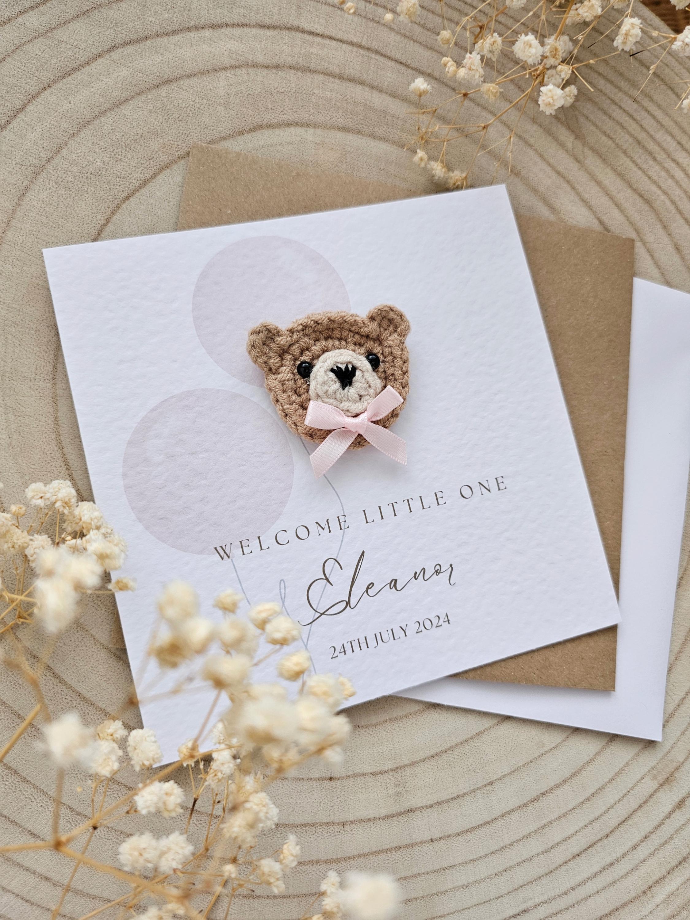 Personalised Crochet New Baby Card, Handmade Teddy Bear, Luxury New ...
