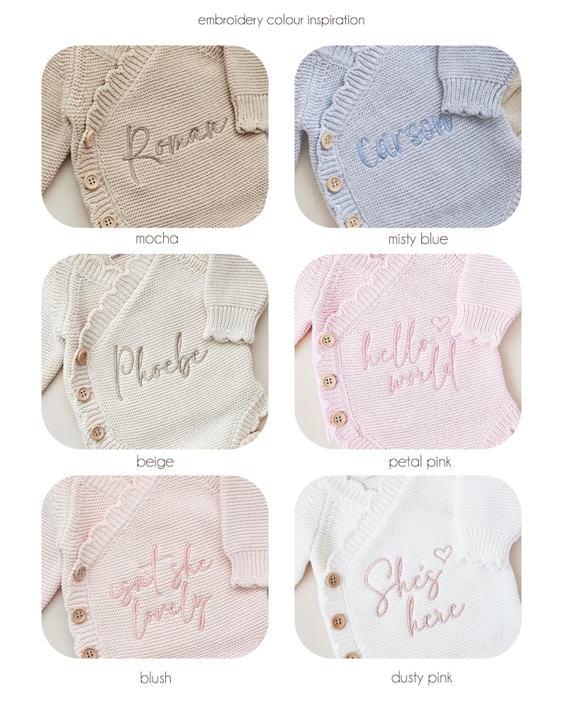 May include: A collection of six knitted cardigans in mocha, misty blue, beige, petal pink, blush, and dusty pink. Each cardigan features wooden buttons, a scalloped edge, and embroidered text including Roman, Carson, Phoebe, hello world, isn't she lovely, and She's here.