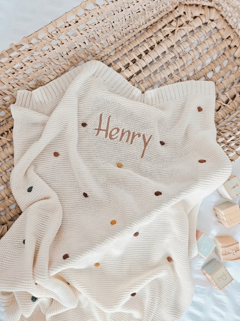Personalised Polka Dot Knit Blanket, Knitted Lightweight Baby Blanket, Baby Shower Gift, Personalised Baby Gift, Knit Pram Blanket, Newborn image 8