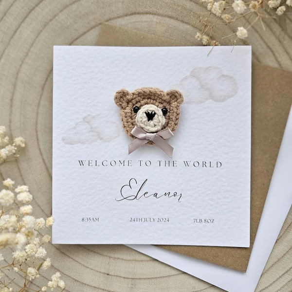 Personalisierte häkeln neues Baby Karte, handgemachte häkeln Bär, Luxus neues Baby Boy, neues Baby Mädchen, Neutral Bär neues Baby, personalisierte Geschenk 062
