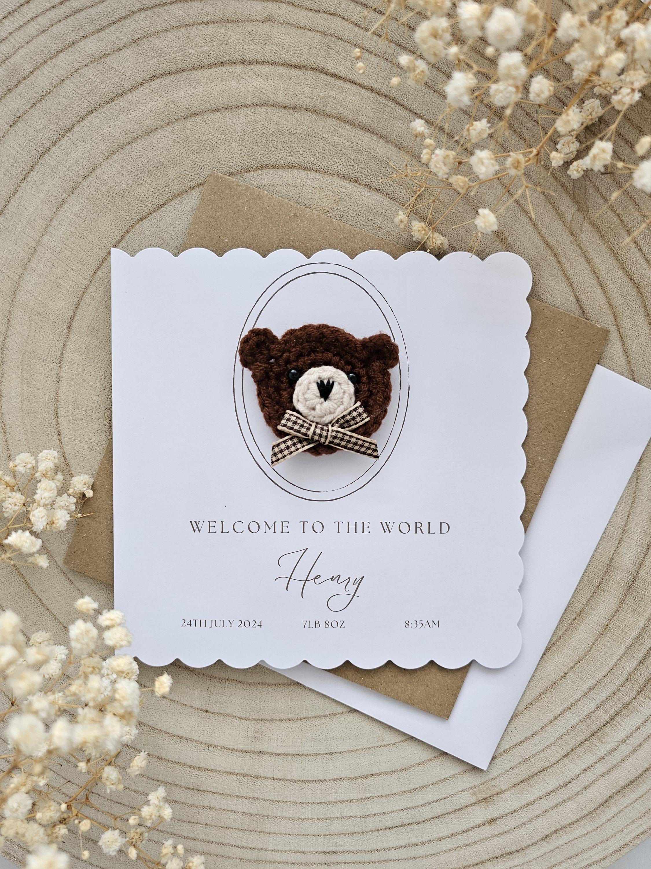 Personalised Vintage Crochet New Baby Card, Handmade Crochet Bear ...