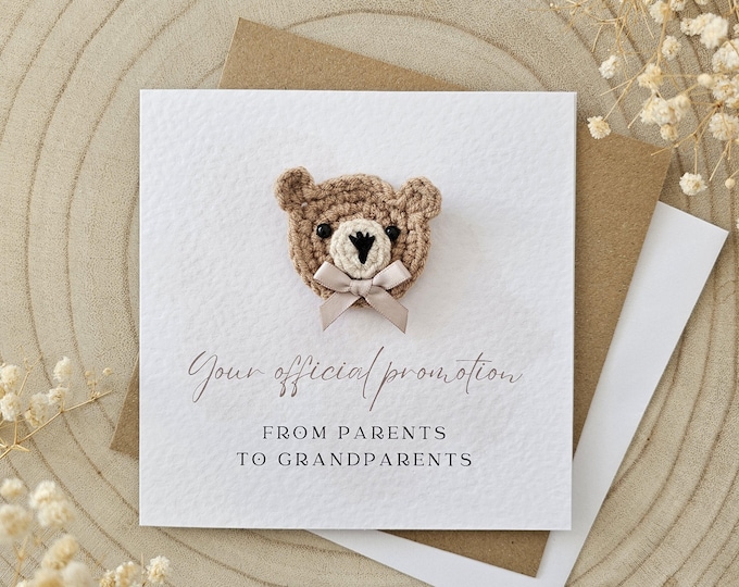 Pregnancy Announcement Card, Your Official Promotion, From Parents to Grandparents,Baby Reveal,Grandma Grandad To Be,Neutral Teddy Bear 027B