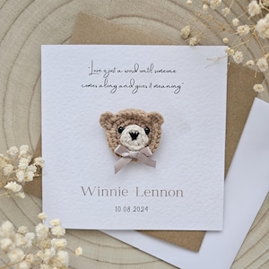 Gepersonaliseerde gehaakte nieuwe babykaart, citaat van Winnie de Pooh, nieuwe kaart babyjongen, nieuwe babymeisje, neutrale beerkaart, luxe kaarten, nieuw babycadeau