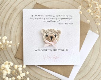 Personalisierte häkeln neues Baby Karte, Winnie the Pooh Zitat, neue Baby Jungen Karte, neues Baby Mädchen, Bär Karte für neues Baby, personalisiertes Geschenk-006