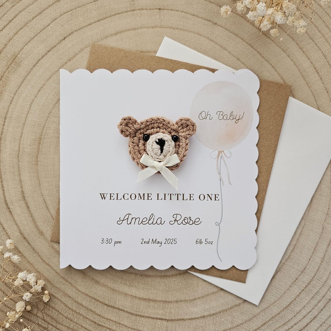 Personalised Crochet New Baby Card, Handmade Crochet Bear, Luxury New ...