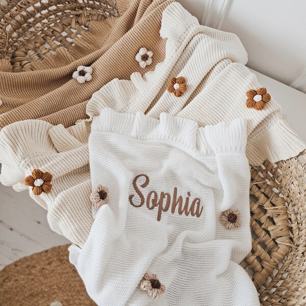 Personalised Daisy Flower Knit Blanket, Knitted Lightweight Baby Blanket, Baby Shower Gift, Personalised Baby Gift, Custom Pram Blanket