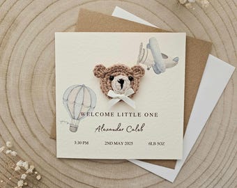 Tarjeta de crochet personalizada para recién nacido, osito de crochet hecho a mano, regalo de lujo para recién nacido niño, regalo de niña, osito neutro para recién nacido, regalo personalizado 166