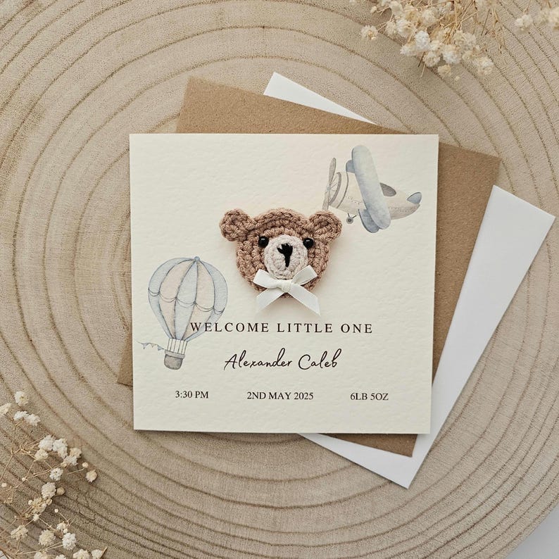 Personalised Crochet New Baby Card, Handmade Crochet Bear, Luxury New ...