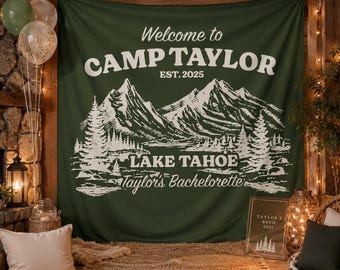 Camp Personalized Backdrop Tapestry, Bachelorette Weekend Decor, Lake House Bachelorette Party, Camping Bach Banner, Multiple Color Options