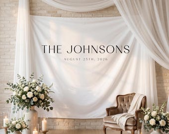 Custom Last Name Wedding Backdrop Tapestry, Last Name Decor, Photo Backdrop, Minimalist Wedding, Reception/Ceremony Decor, Multiple Colors