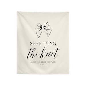 Custom Bridal Shower Backdrop, Bachelorette, She&#39;s Tying the Knot, Photo Backdrop, Bridal Shower Decor, Wedding Linen Decor, Multiple Colors