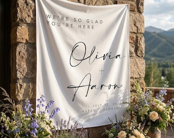 Wedding Welcome Fabric Banner, We're So Glad You're Here, Wedding Welcome Backdrop with Custom Names, Location and Date, Photo Backdrop