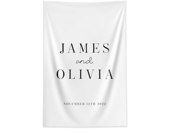 Wedding Welcome Fabric Banner with Custom Names and Date, Photo Backdrop, Minimalist Wedding, Reception/Ceremony Decor, Multiple Colors