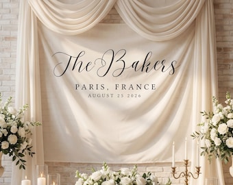 Custom Last Name Wedding Backdrop Tapestry, Last Name Decor, Photo Backdrop, Minimalist Wedding, Reception/Ceremony Decor, Multiple Colors