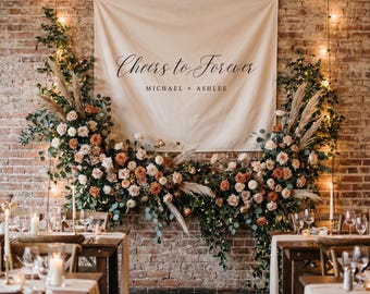 Wedding Quote Sign, Cheers to Forever Backdrop, Tapestry, Custom Wedding Backdrop, Reception/Ceremony Decor, Photo Backdrop, Multiple Colors