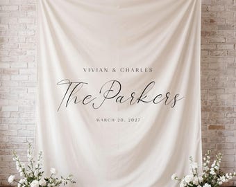 Custom Last Name Wedding Backdrop Tapestry, Last Name Decor, Photo Backdrop, Minimalist Wedding, Reception/Ceremony Decor, Multiple Colors