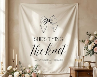 Custom Bridal Shower Backdrop, Bachelorette, She's Tying the Knot, Photo Backdrop, Bridal Shower Decor, Wedding Linen Decor, Multiple Colors