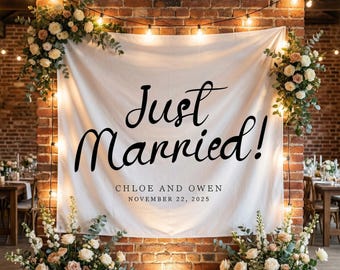 Just Married Sign, Custom Fabric Wedding Backdrop, Tapestry, Wedding Event Sign, Ceremony Decor Backdrop, Multiple Colors