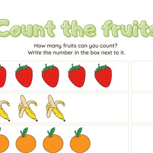 Könnte beinhalten: Ein ausdruckbares Arbeitsblatt mit dem Text "Zähle die Früchte" und einem Bild von Erdbeeren, Bananen und Orangen. Das Arbeitsblatt fordert den Benutzer auf, die Anzahl der einzelnen Früchte zu zählen und die Zahl in das Kästchen daneben zu schreiben.
