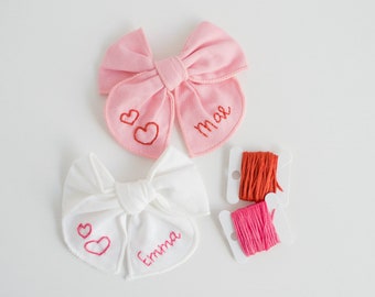 Valentine Hand-Embroidered Name Hairbow | Heart Bow, Embroidery Bow, Custom Name Bow, Toddler Hairbow, New Baby Girl Gift, Baby Bow