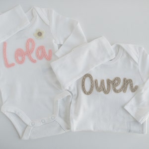 Custom Hand-Embroidered Long-Sleeve Bodysuit | Felt Name Newborn Bodysuit, Hand Stitched Baby Gift, Coming Home Outfit, Baby Announcement