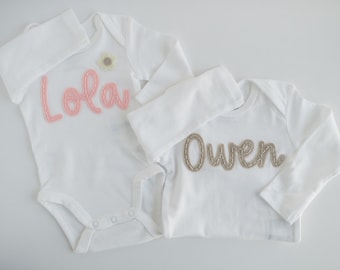 Custom Hand-Embroidered Long-Sleeve Bodysuit | Felt Name Baby Bodysuit, Hand Stitched Baby Bodysuit, Custom Newborn Bodysuit