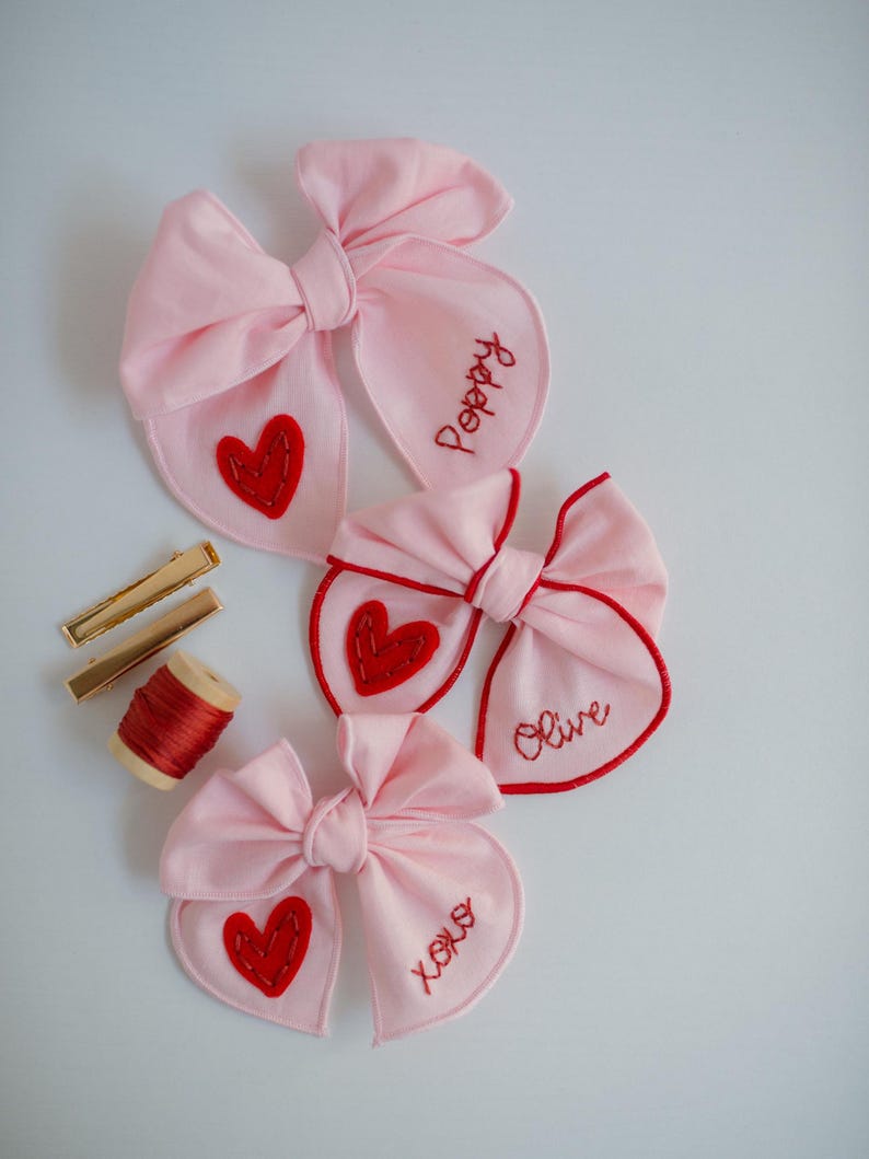 Valentine Hand-Embroidered Name Hairbow | Heart Bow, Embroidery Bow, Custom Personalized Toddler Hair Bow Clip, New Baby Girl Gift Headband image 11