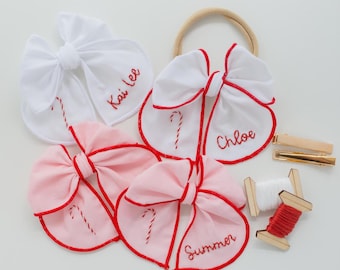 Christmas Hand-Embroidered Name Hairbow | Candy Cane Bow, Embroidery Bow, Custom Name Bow, Toddler Hairbow, New Baby Girl Gift, Baby Bow