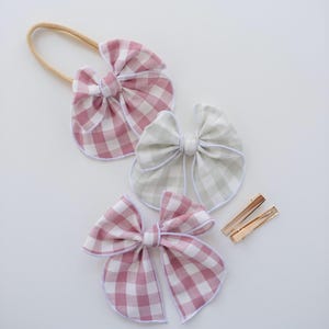 Gingham Fable Hair Bow | Toddler Girls Checkered Mauve Grey Hairbow, Classic Neutral Newborn Headband