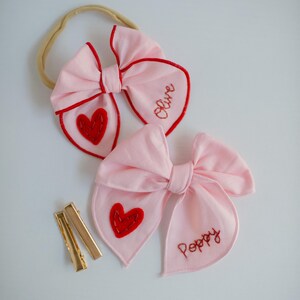 Valentine Hand-Embroidered Name Hairbow | Heart Bow, Embroidery Bow, Custom Personalized Toddler Hair Bow Clip, New Baby Girl Gift Headband image 5