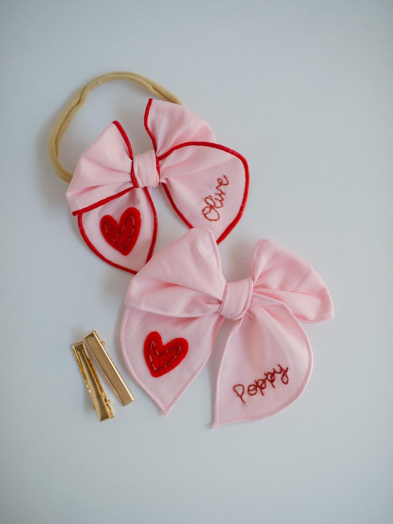 Valentine Hand-Embroidered Name Hairbow | Heart Bow, Embroidery Bow, Custom Personalized Toddler Hair Bow Clip, New Baby Girl Gift Headband image 5