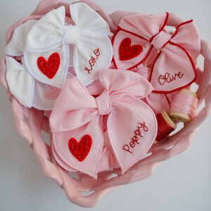Valentine Hand-Embroidered Name Hairbow | Heart Bow, Embroidery Bow, Custom Personalized Toddler Hair Bow Clip, New Baby Girl Gift Headband image 3