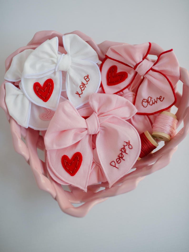 Valentine Hand-Embroidered Name Hairbow | Heart Bow, Embroidery Bow, Custom Personalized Toddler Hair Bow Clip, New Baby Girl Gift Headband image 3