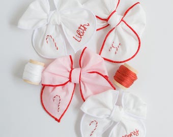 Christmas Hand-Embroidered Name Hairbow | Candy Cane Bow, Embroidery Bow, Custom Name Bow, Toddler Hairbow, New Baby Girl Gift, Baby Bow