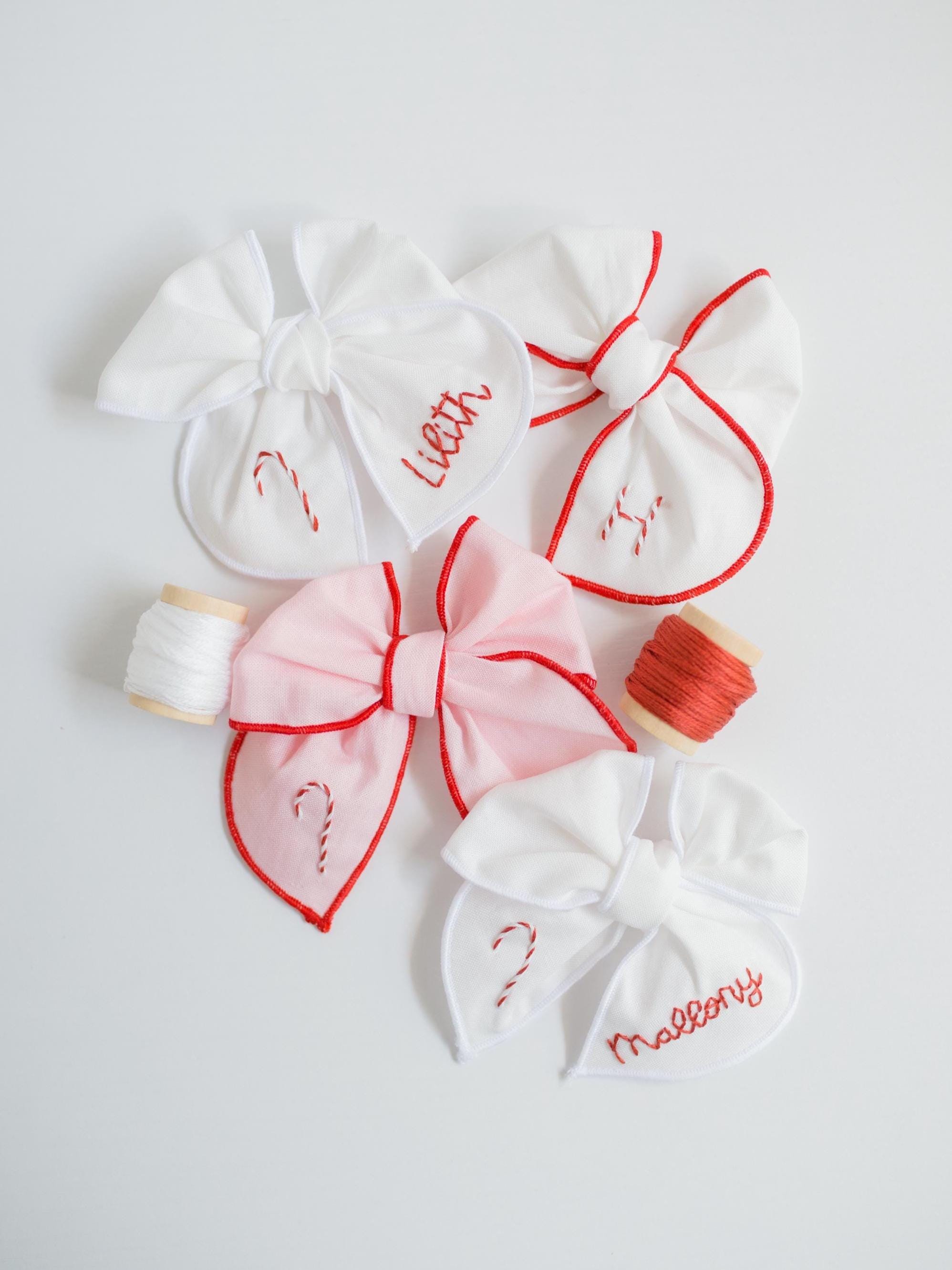 Christmas Hand-Embroidered Name Hairbow | Candy Cane Bow, Embroidery Bow, Custom Name Bow, Toddler Hairbow, New Baby Girl Gift, Baby Bow
