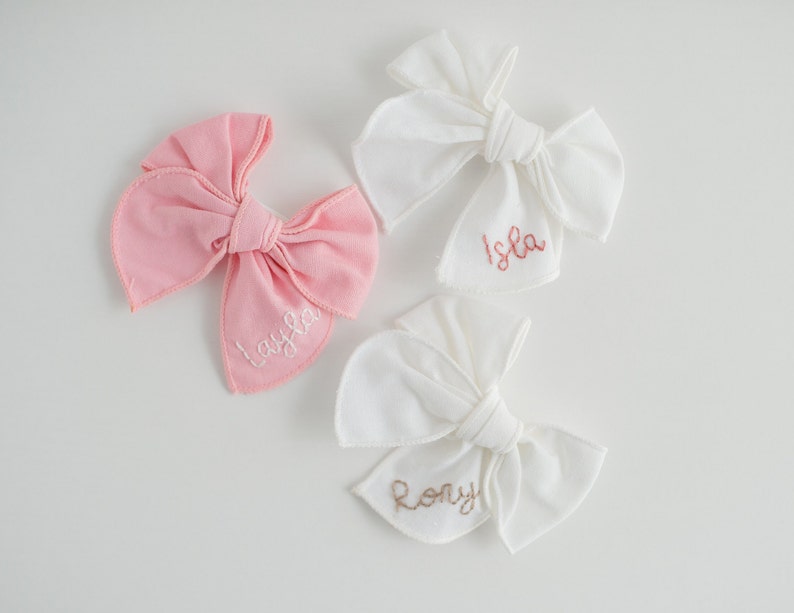 Custom Hand-Embroidered Name Hairbow Name Bow, Embroidery Bow, Custom Name Bow, Newborn Bow, Toddler Hairbow, New Baby Girl Gift, Baby Bow image 7