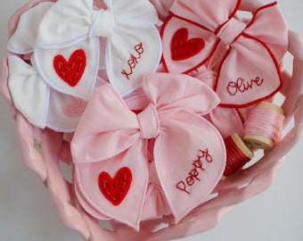 Valentine Hand-Embroidered Name Hairbow | Heart Bow, Embroidery Bow, Custom Name Bow, Toddler Hairbow, New Baby Girl Gift, Baby Bow