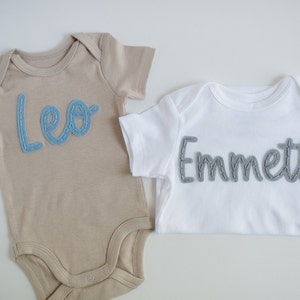 Custom Hand-Embroidered Short-Sleeve Bodysuit Felt Name Baby Bodysuit, Hand Stitched Baby Bodysuit, Custom Newborn Bodysuit image 7