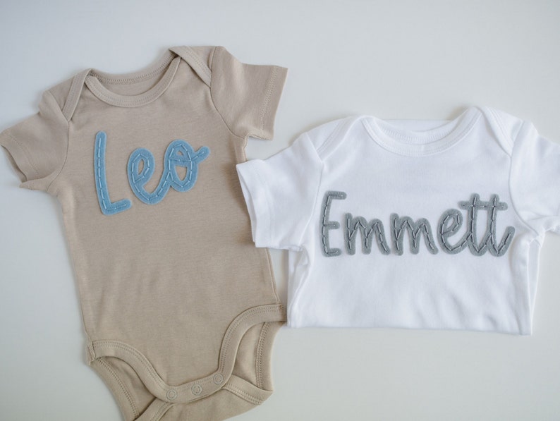 Custom Hand-Embroidered Short-Sleeve Bodysuit Felt Name Baby Bodysuit, Hand Stitched Baby Bodysuit, Custom Newborn Bodysuit image 7