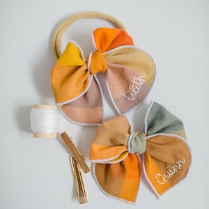 Custom Fall Hand-Embroidered Name Fable Hair Bow | Personalized Embroidery Bow, Newborn Headband, Toddler Clip