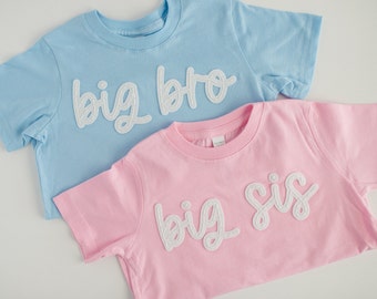 Big Sister And Big Brother Hand-Embroidered T-Shirts | Baby Announcement Sibling Shirts | Little Brother & Little Sister Bodysuit, Felt Name