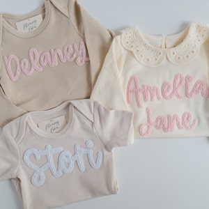 Custom Hand-Embroidered Short-Sleeve Bodysuit Felt Name Baby Bodysuit, Hand Stitched Baby Bodysuit, Custom Newborn Bodysuit image 5