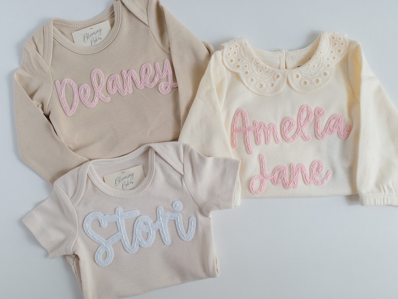 Custom Hand-Embroidered Short-Sleeve Bodysuit Felt Name Baby Bodysuit, Hand Stitched Baby Bodysuit, Custom Newborn Bodysuit image 5