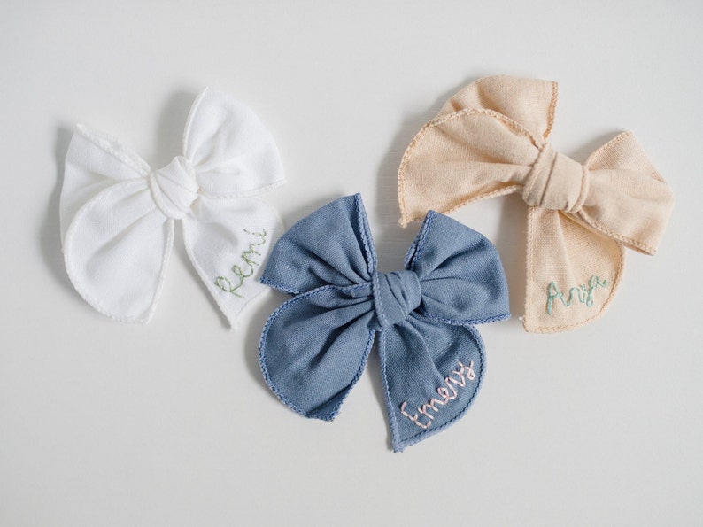 Custom Hand-Embroidered Name Hairbow Name Bow, Embroidery Bow, Custom Name Bow, Newborn Bow, Toddler Hairbow, New Baby Girl Gift, Baby Bow image 10