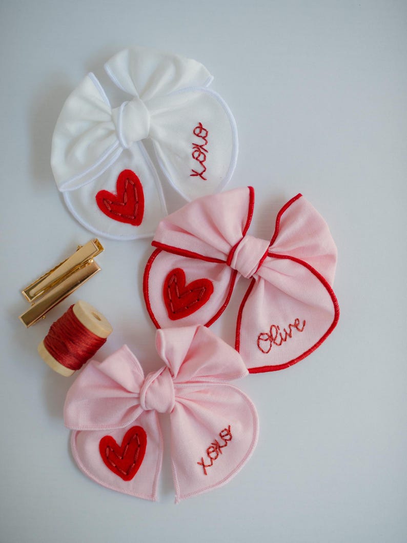 Valentine Hand-Embroidered Name Hairbow | Heart Bow, Embroidery Bow, Custom Personalized Toddler Hair Bow Clip, New Baby Girl Gift Headband image 4