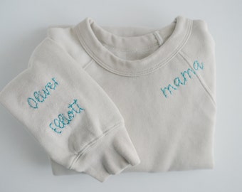 ADD-ON Hand-Embroidered Sleeve Names and Hearts | Mama Sweatshirt, Custom Embroidered Sweatshirt, Hand-Stitched Sweatshirt